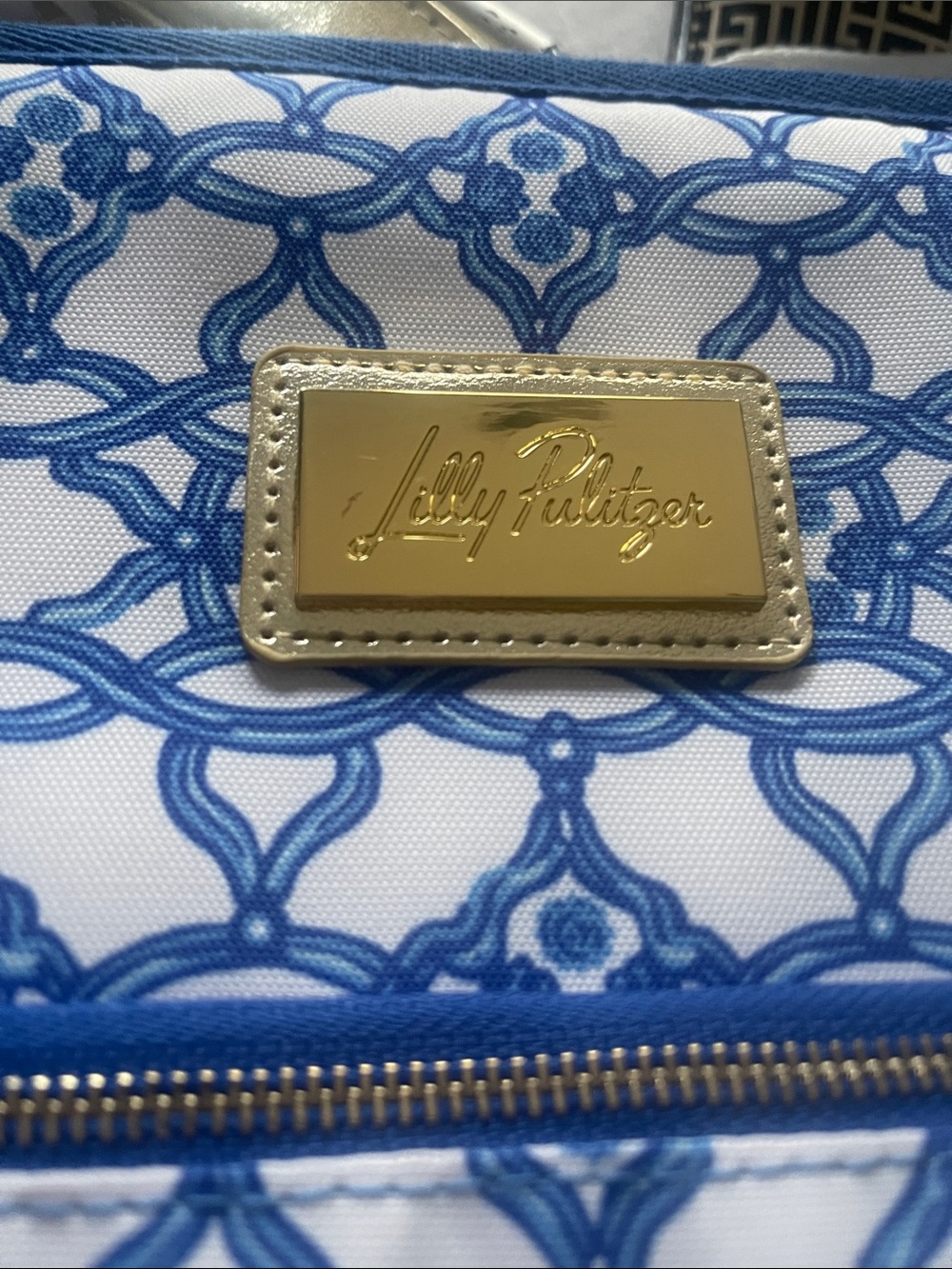 Blue Patterned Tote Bag with Striped Strap